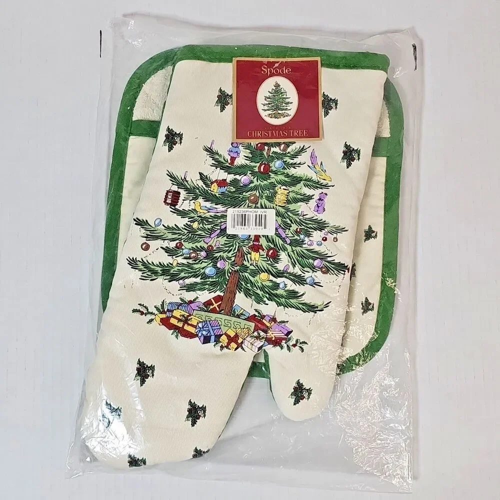 Spode Christmas Tree Pot Holder Oven Mitt Set NEW Holiday Hot Pad Terry Lined